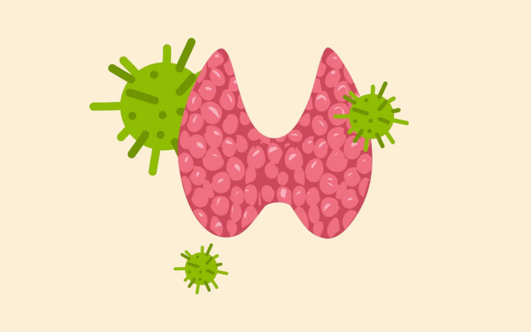 Illustration einer Hundeschilddrüse mit grün dargestellten Erregern zur Darstellung von Systembelastung und ganzheitlicher Diagnostik